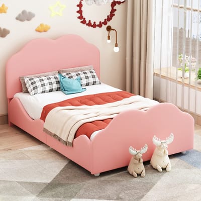 DESMIU Kinderbed 90 x 200 cm – Wolkvormig Design – Verstelbaar Hoofdeinde – Veilig Zijhek – Voor Kinderkamer – Zacht Fluweel – Roze Zonder matras