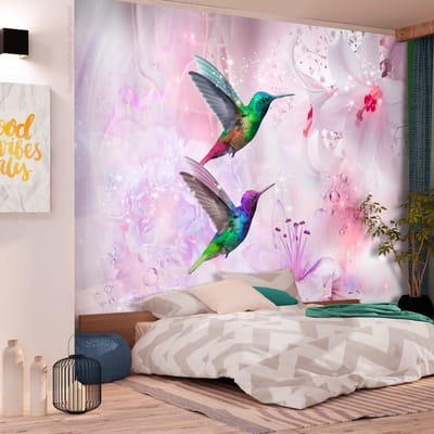 200cm X 140cm - Fotobehang - Kleurrijke Kolibries op Lila achtergrond, premium print vliesbehang