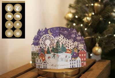 3D Pop up kerstkaart schaatsen bij de kerstboom en reuzenrad incl.8 feestelijke sluitzegels