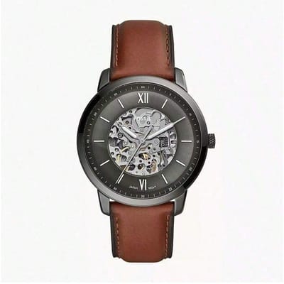 Montre mécanique automatique pour homme avec bracelet en cuir, design à trois aiguilles, boîtier en acier inoxydable/verre résistant aux rayures ME3161 marron