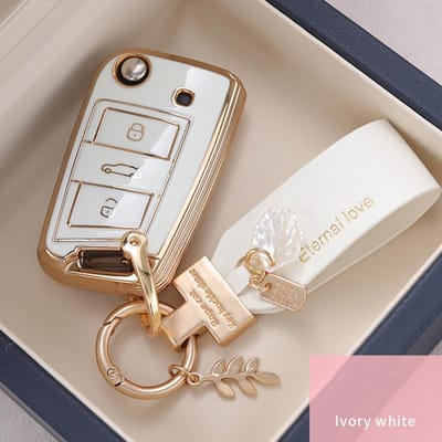 Coque de protection pliante en TPU pour clé de voiture pour Volkswagen VW Polo Golf Passat Tiguan Beetle Caddy T5 Up Eos Skoda Octavia Seat Leon Altea white