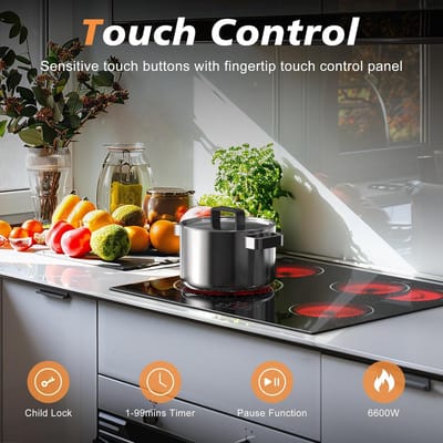 Keramische Kookplaat 60 cm - 4 Zones - Sensor Touch Controle - 9 Warmtestanden - Inbouw