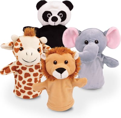 Poppenkastpoppen 4pcs - Handpoppen Dieren - Handpop Leeuw, Panda, Giraf & Olifant - Geschikt voor Poppenkasten & Poppen - Joya Creative