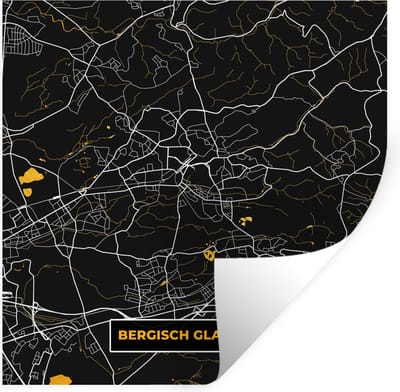 Muurstickers - Sticker Folie - Bergisch Gladbach - Goud - Kaart - Plattegrond - Stadskaart - Duitsland - 100x100 cm - Plakfolie - Muurstickers Kinderkamer - Zelfklevend Behang XXL - Zelfklevend behangpapier - Stickerfolie