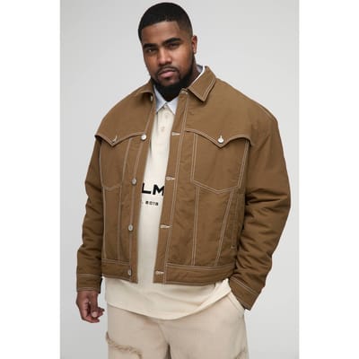 Plus Contrast Stitch Padded Boxy Western Jacket | Tobacco | Size 2XL