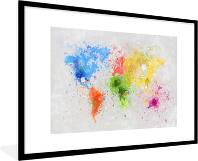 Poster in lijst - Fotolijst 120x80 cm - Posters - Wereldkaart - Abstract - Verf - Kinderen - Jongens - Meisjes - Posterlijst zwart - Decoratie - Wanddecoratie woonkamer - Muurdecoratie slaapkamer