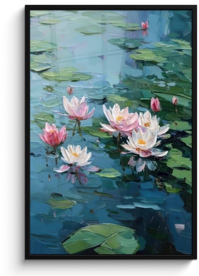 Poster in lijst - Fotolijst 80x120 cm - Posters - Waterlelies - Bloemen - Roze - Water - Posterlijst zwart - Decoratie - Wanddecoratie woonkamer - Muurdecoratie slaapkamer