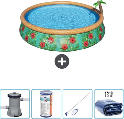 Bestway Rond Opblaasbaar Fast Set Zwembad - Paradijsprint - 457 x 84 cm - Inclusief Pomp Filter - Schoonmaakset - Solarzeil