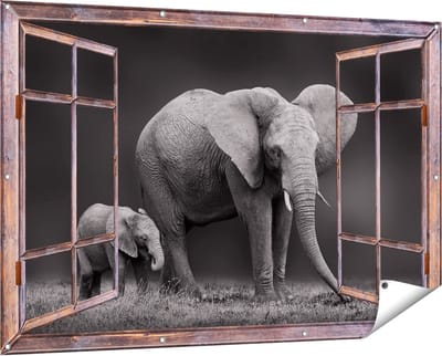 Gards Tuinposter Doorkijk Olifant Moeder en Zoon - Zwart Wit - 150x100 cm - Tuindoek - Tuindecoratie - Wanddecoratie buiten - Tuinschilderij