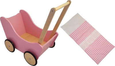 Playwood - Houten Poppenwagen roze met natural wielen- inclusief dekje roze ruitjes