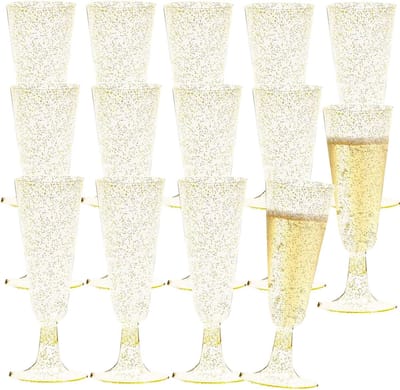 Champagneglazen van plastic - 50 herbruikbare fluiten van 150 ml met markerpen voor wijn - Perfect voor bruiloften, feesten en picknicks in de buitenlucht met gouden accenten