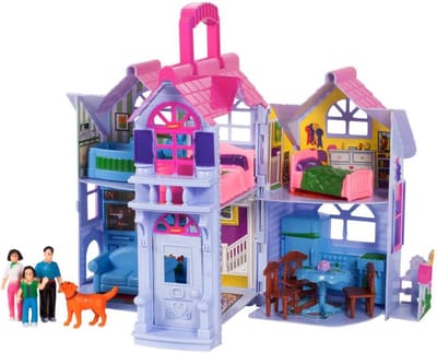 MalPlay Opvouwbaar Villa Poppenhuis met Meubels 18 cm - Landelijk Poppenhuis - Familiefiguren en Hond