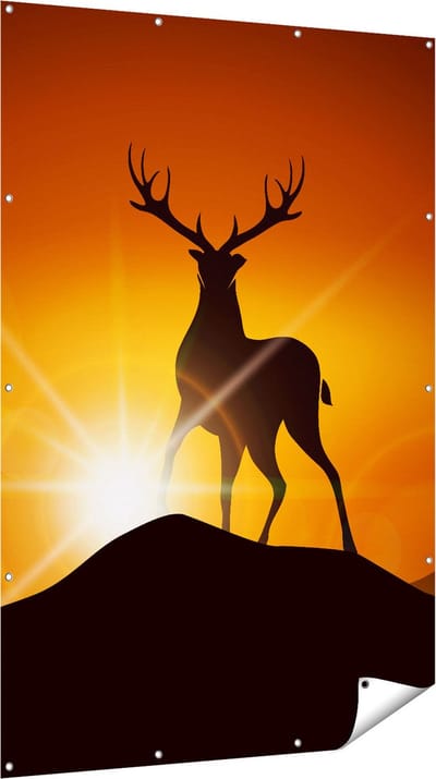 Gards Tuinposter Hert op een Berg - Abstract - Silhouet - 120x180 cm - Tuindoek - Tuindecoratie - Wanddecoratie buiten - Tuinschilderij