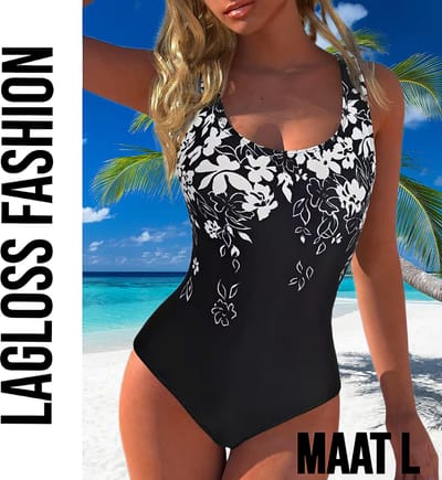 LaGloss® Zwart Dames Badpak met Witte Bloemenprint - Open Rug – Ronde hals – Stretch Zwempak – Zomermode – Beach fashion – Maat L