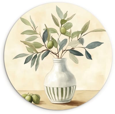 WallCircle® Wandcirkel 120x120 cm - Muurcirkel Vaas - Keramiek - Olijftakken - Muurdecoratie woonkamer - Wanddecoratie slaapkamer - Kamer decoratie accessoires - Ronde schilderijen XXL