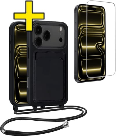 Hoesje Geschikt voor iPhone 17 Pro Max Telefoonhoesje Met Koord Case Pashouder Met Screenprotector Siliconen - Hoes Geschikt voor iPhone 17 Pro Max Hoesje Met Kaarthouder - Zwart