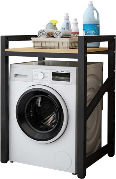 Livista Wasmachinerek - Wasmachine kast - Badkamerrek – Ruimtebesparende Wasmachine Organizer – Stalen Frame – 3 Hoogtestanden – Water-, Kras- en Hittebestendig Werkblad – Antislip Voetjes – 200 kg Draagvermogen - Zwart/Hout