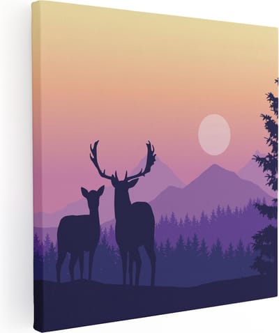 Artaza Canvas Schilderij Hert - 80x80 cm - Wanddecoratie Silhouet - Muurdecoratie Bergen - Schilderijen Op Canvas Zonsondergang - Paars