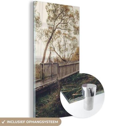 MuchoWow® Glasschilderij 20x40 cm - Schilderij acrylglas - Herfst - Brug - Bomen - Foto op glas - Schilderijen