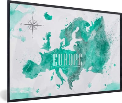 Poster in lijst - Fotolijst 90x60 cm - Posters - Waterverf - Wereldkaart - Europa - Posterlijst zwart - Decoratie - Wanddecoratie woonkamer - Muurdecoratie slaapkamer