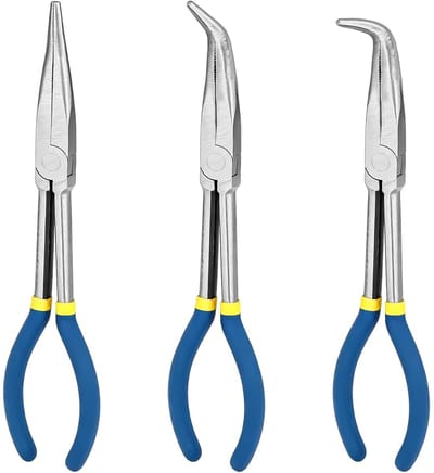 Dailygoods- Punttang 3-delige set - 280 mm lange punttang - Recht/45°/90° gebogen - Hoogwaardig koolstofstaal - Voor fijnmechanica - Veilig voor nauwe ruimtes - Tang
