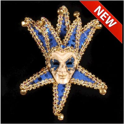 Broche Venetiaans miniatuur masker '''Grinn'' Blauw