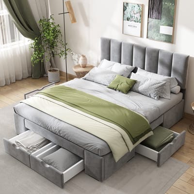 140 x 200 cm Gestoffeerd bed met opbergruimte - Tweepersoonsbed - opbergbed met lades - Verstelbaar hoofdeinde - Zonder matras - Grijs