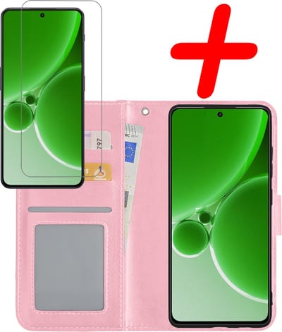 Hoesje Met Screenprotector - Geschikt voor OnePlus Nord 3 - Luxe Pasjeshouder - Bookcase Portemonee - Flip Case - Kunstleer Book Case - Flipcase - Book Cover - Walletcase - Portemonneehoes - Lichtroze
