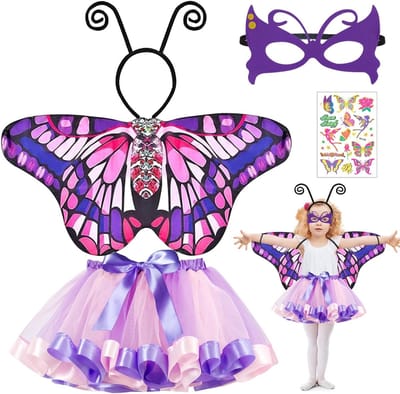 Vijfdelig Vlinder Kostuum voor Kinderen, Carnaval Kostuum voor Meisjes, Feestoutfit met Vlinder Vleugels en Hoofdband