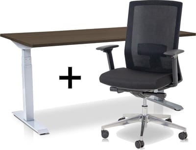 Zit-sta bureau elektrisch verstelbaar +  ERGO Bureaustoel | MRC PRO NEN-EN 527 Thuiswerkset | frame bureau wit - bureaublad bruin eiken | 120x80 cm