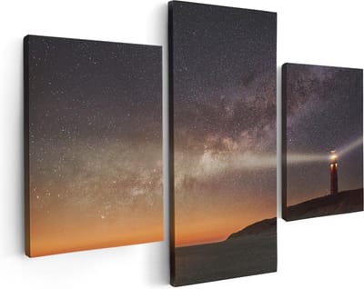 Artaza Canvas Schilderij Drieluik Vuurtoren Texel in de Nacht  - 90x60 - Foto Op Canvas - Canvas Print
