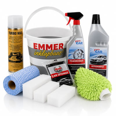 Klaro Pro Autowasset 59-delig – Complete Auto Schoonmaakset – Autoshampoo, Velgenreiniger & Turbo Wax – Inclusief Spons, Handschoen, Emmer en 50 Doekjes - Vaderdag cadeau