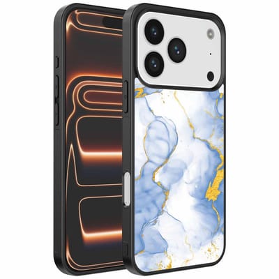 Geschikt voor iPhone 17 Pro Max Telefoonhoesje met Lichtblauw Goud Marmer Opdruk - TPU Backcover Case Lightblue Gold Marble Design - Smartphonica geschikt voor iPhone 17 Pro Max