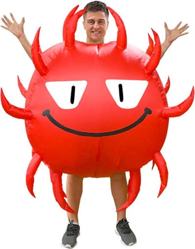 KIMU® Opblaas Kostuum Virus - Opblaasbaar Pak - Viruspak Mascotte Opblaaspak - Opblaasbare Infectie Rood Volwassenen Dames Heren Festival