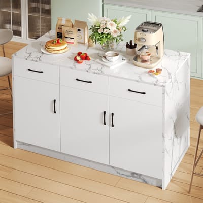STILVORA Keukeneiland – Wit Marmerdesign Met Ingebouwd Bargebied En Zitruimte – 3 Lades En 3 Deuren – MDF Werkblad – 120x60x90.5 Cm – Wit