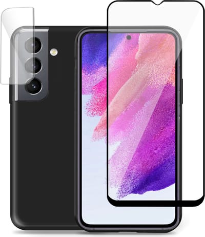 Hoesje geschikt voor Samsung S21 FE - Full Screenprotector & Camera Screen Protector - Suède Back Cover Case Zwart