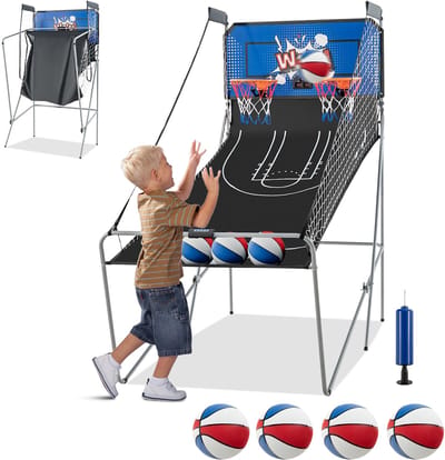 COSTWAY 8-in-1 basketbalautomaat, elektrische basketbalstandaard, inklapbaar, schietmachine met 4 ballen, luchtpomp en 8 speelmodi, Arcade basketbalwedstrijden voor kinderen, voor 2 spelers