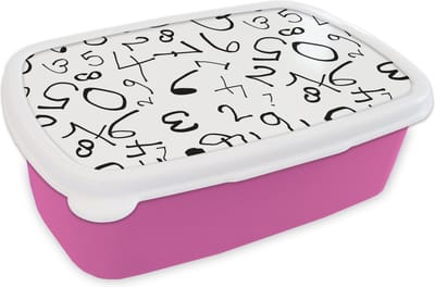 Broodtrommel Roze - Lunchbox - Brooddoos - Nummer - Cijfers - Patronen - Zwart wit - 18x12x6 cm - Kinderen - Meisje