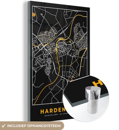 MuchoWow® Glasschilderij 40x60 cm - Schilderij acrylglas - Plattegrond - Hardenberg - Goud - Zwart - Foto op glas - Schilderijen - Stadskaart