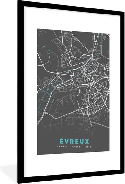 Fotolijst incl. Poster - Évreux - Plattegrond - Kaart - Stadskaart - Frankrijk - 60x90 cm - Posterlijst