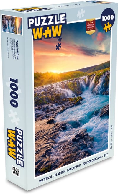 Puzzel Waterval - Planten - Mos - Landschap - Zonsondergang - Rots - Legpuzzel - Puzzel 1000 stukjes volwassenen