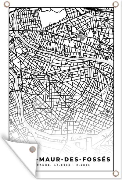 Muurdecoratie Frankrijk - Kaart - Plattegrond - Stadskaart - Saint-Maur-des-Fossés - Zwart wit - 120x180 cm - Tuinposter - Tuindoek