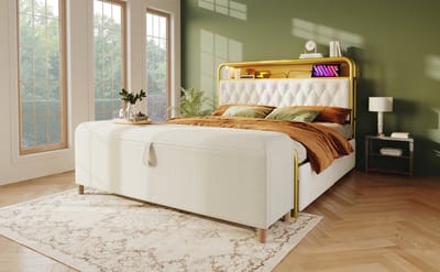 DESMIU Bedbank 175 Cm - Hydraulische Opbergruimte En Zachte Zitting - Voor Slaapkamer, Woonkamer En Hal - Cordstof Hout - Beige