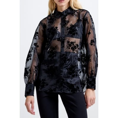 French Connection Mika Flocked Organza Shirt Black Maat: S | Blouses Outlet | Dames | Zwart