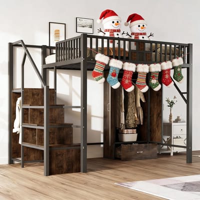 MODFU Hoogslaper 140x200 cm – Metaal & hout – Grote kledingkast – Opbergtrap – Zwart