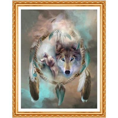 Icône Diamant Broderie Loup Attrape-rêves 5D Point De Croix Rond Foret Diamant Peinture DIY Mur 20X30CM gray