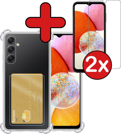 Hoesje - Geschikt voor Samsung Galaxy A14 - Met 2x Screenprotector - Pashouder - Kaarthouder - Back Cover - Telefoon Hoes Shockproof - Siliconen Case - Shock Proof - Pasjes Houder - Telefoonhoes - Transparant