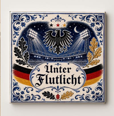 Duitsland Onder Schijnwerpers Decoratieve Keramische Tegel – Deutschland Voetbal Fan Wandtegel – Stadion Nacht Design – Zwart Rood Goud Supporter Cadeau