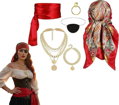 Piratenkostuum voor dames met vintage kapitein-accessoires, perfect voor carnaval, Halloween en cosplay feestjes, inclusief hoofddoek, riem, oogklep, oorbellen, halsketting en armband