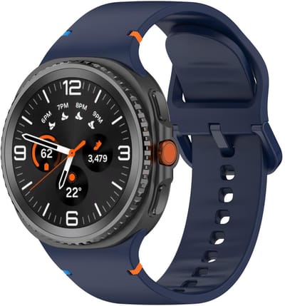 Siliconen bandje - geschikt voor Samsung Galaxy Watch 8 (40mm) / Galaxy Watch 8 (44mm) / Galaxy Watch 8 Classic - stiksels met gespsluiting - Maat S/M - donkerblauw
